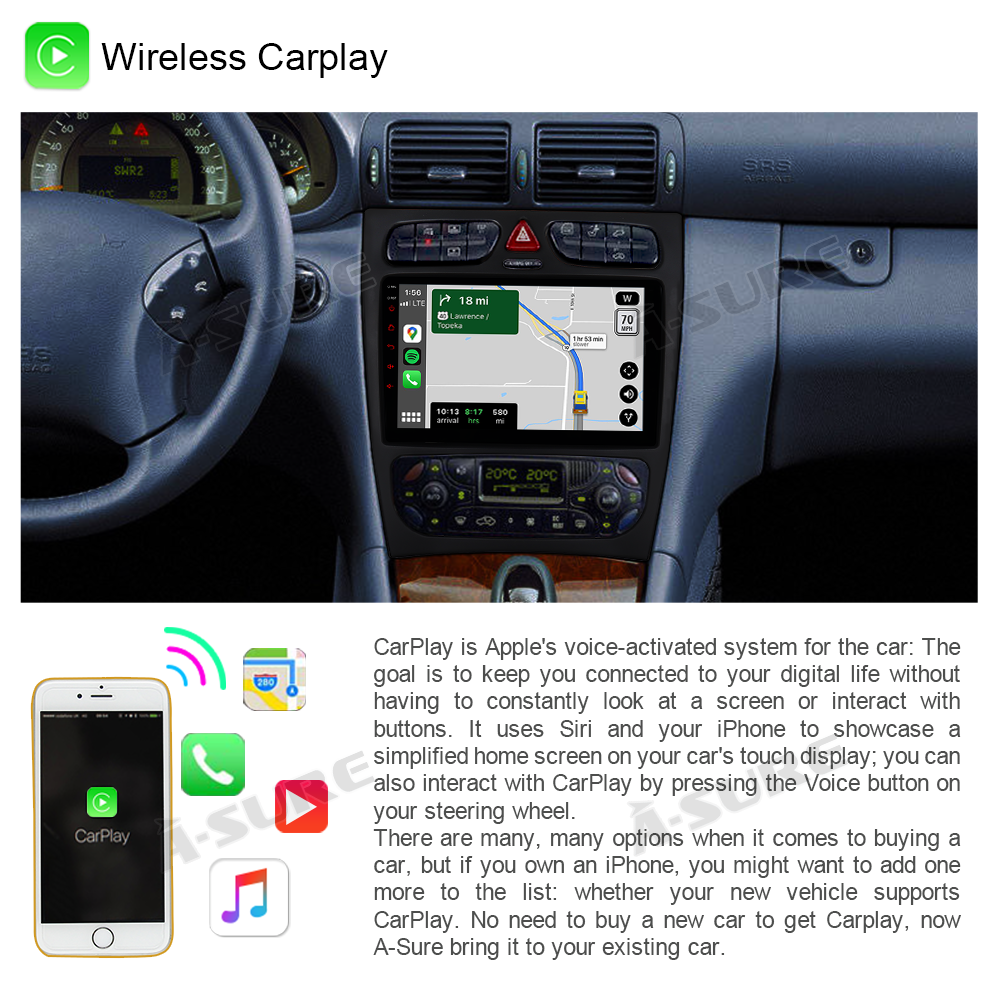 A-Sure GPS car radios Mercedes W203 Autoradio 9 Zoll 2+32GB CarPlay