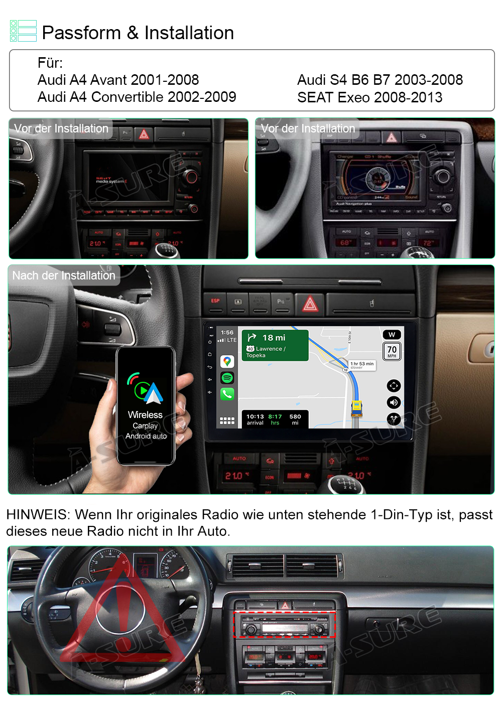 A-Sure Audi A4 9 Zoll Autoradio 2GB+32GB CarPlay DSP Navi