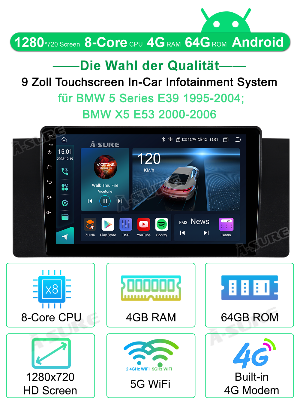 A-Sure GPS Autoradio BMW E39 E53 4+64GB CarPlay