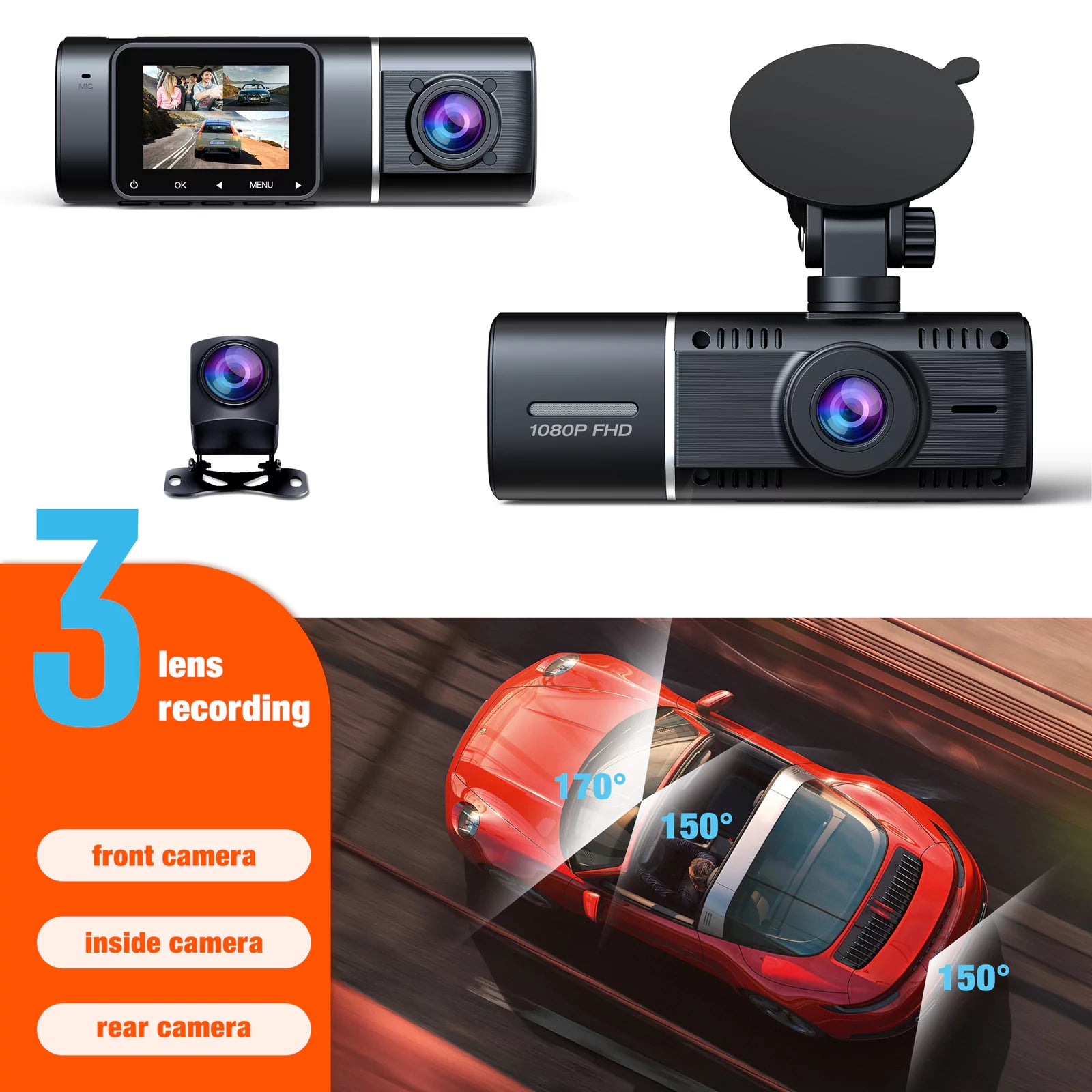 LAMTTO Dash Cam C300 3-Kanal Dashcam 64GB Innenkamera