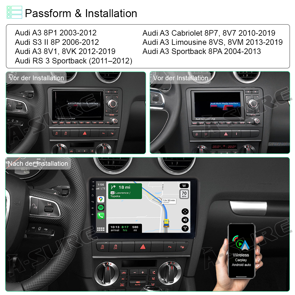 A-Sure GPS Autoradio für Audi A3 S3 RS3 9 Zoll 2+32GB DSP