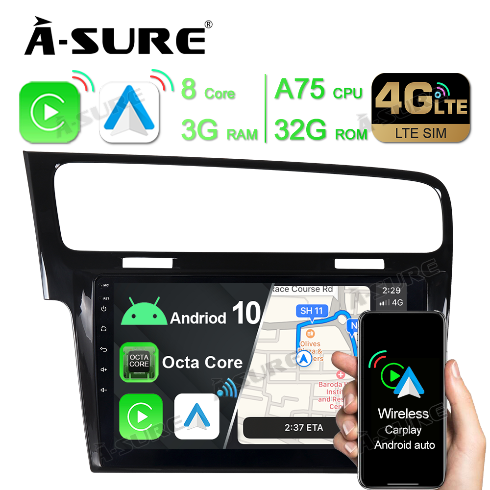A-Sure GPS Autoradio 10,1 Zoll Android 10 DAB+ VW Golf 7