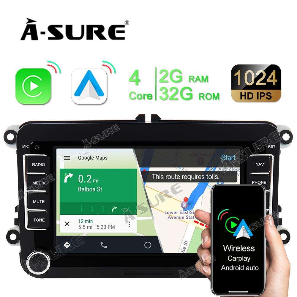 A-Sure GPS Autoradio VW Golf 5 6 7 Zoll Android 11 2+32GB