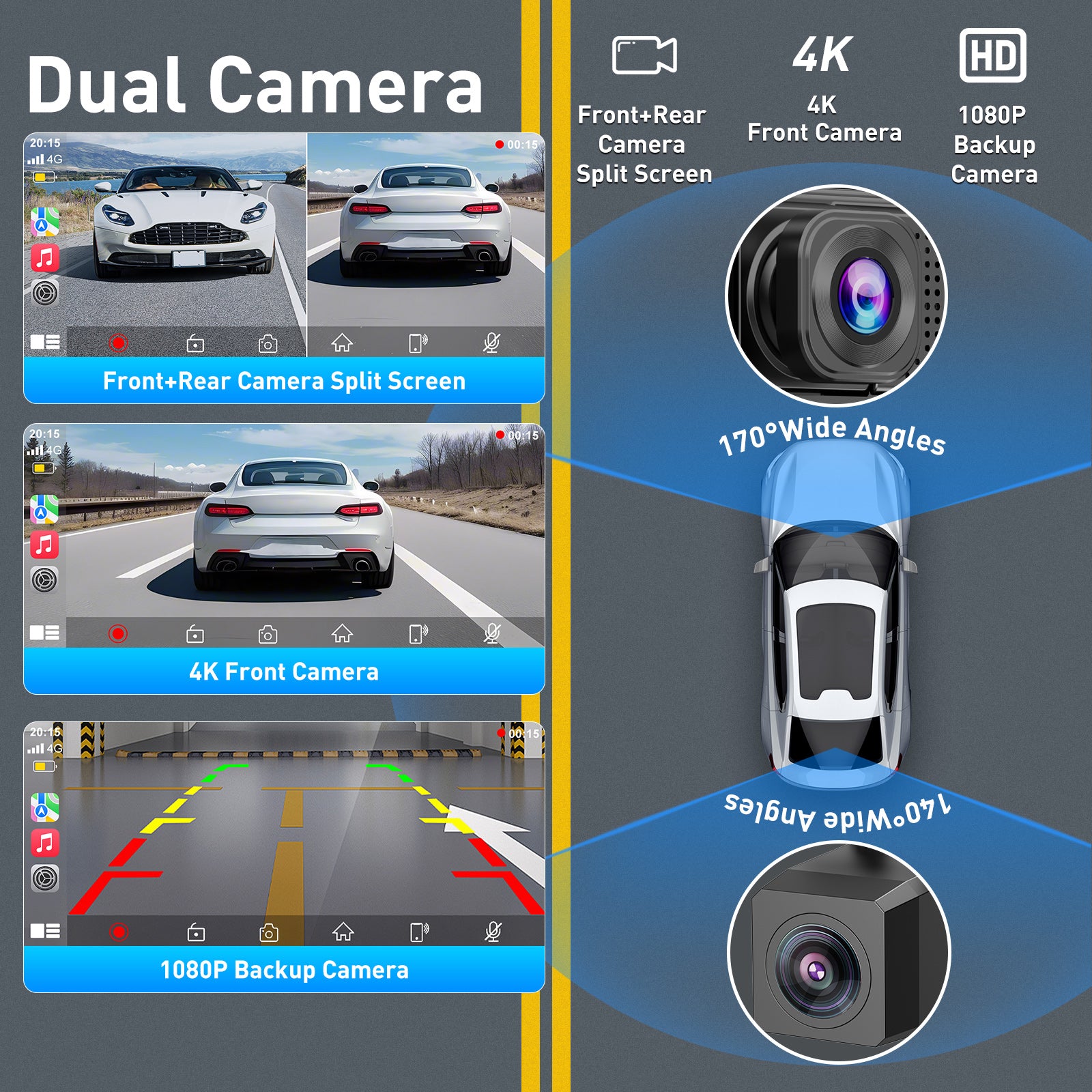 ESSGOO Dash Cam CarPlay E52 9 Zoll Display mit 4K Dashcam