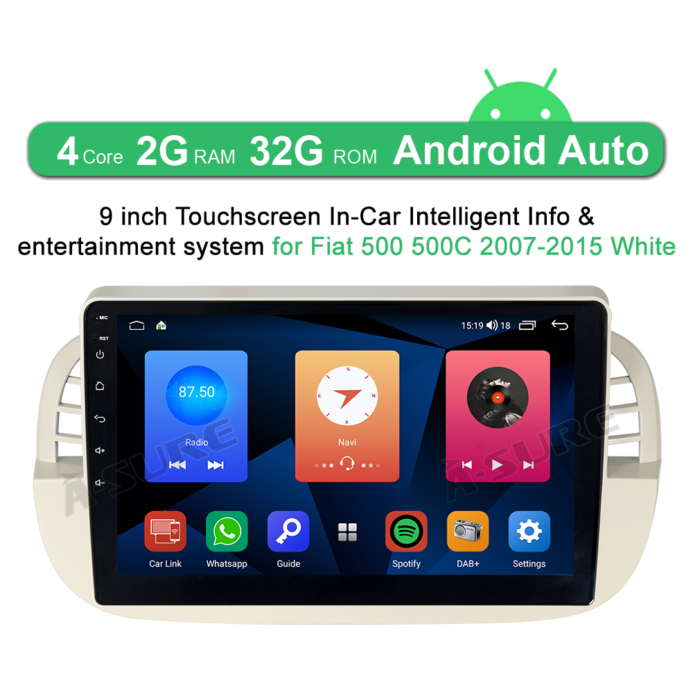 A-Sure GPS 9 Zoll Android Autoradio Fiat 500 500C Weiß 2+32GB