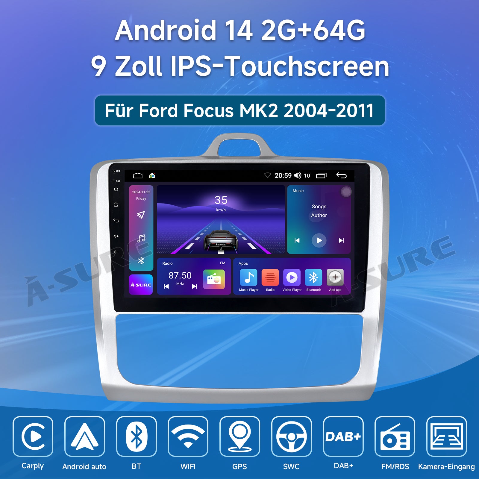 A-Sure GPS 9 Zoll 2+64GB Autoradio Ford Focus MK2 CarPlay