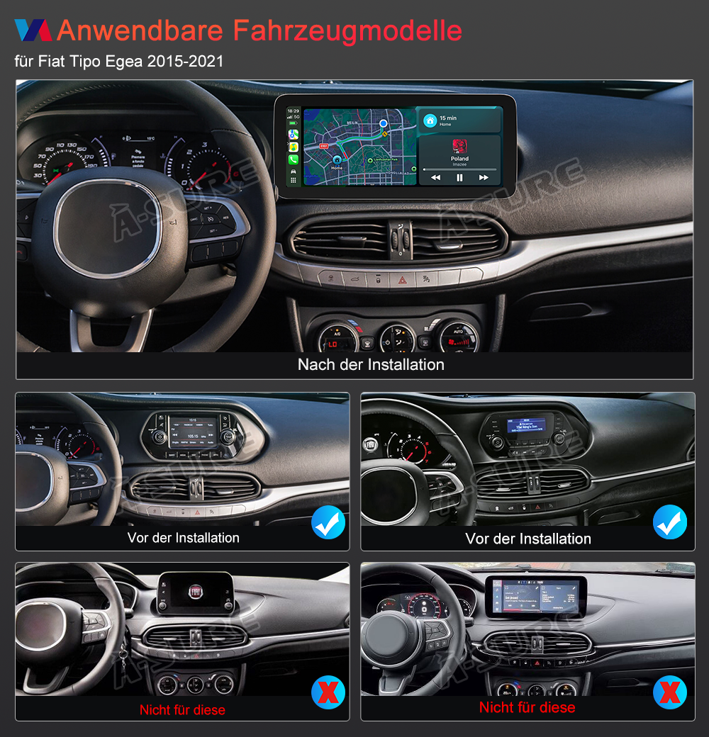 A-Sure GPS car radios Fiat Tipo Egea Autoradio 12,3 Zoll 4+64GB CarPlay