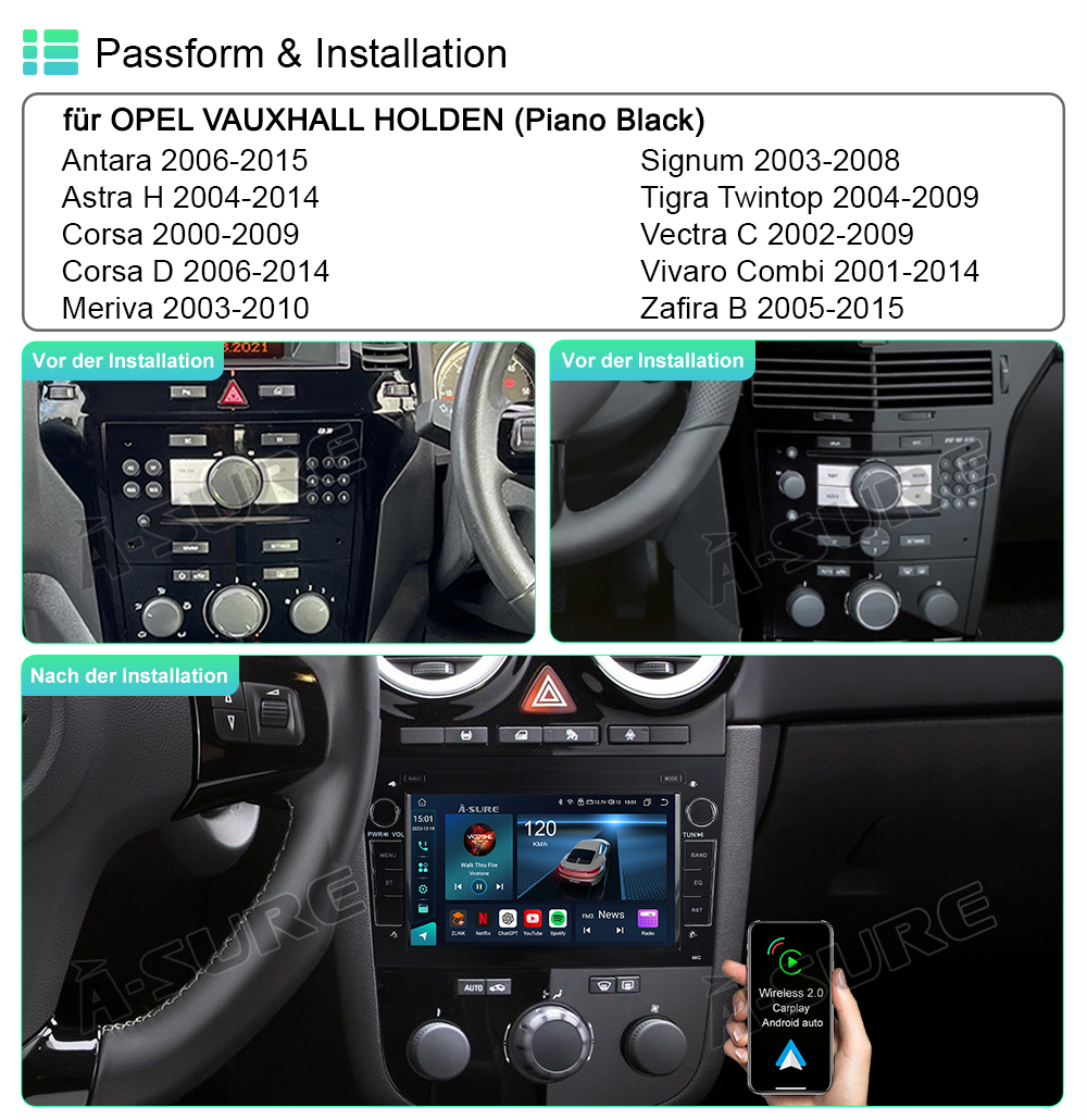 A-Sure GPS 9" Android 13 4+64GB Autoradio für Opel 8-Kern CarPlay