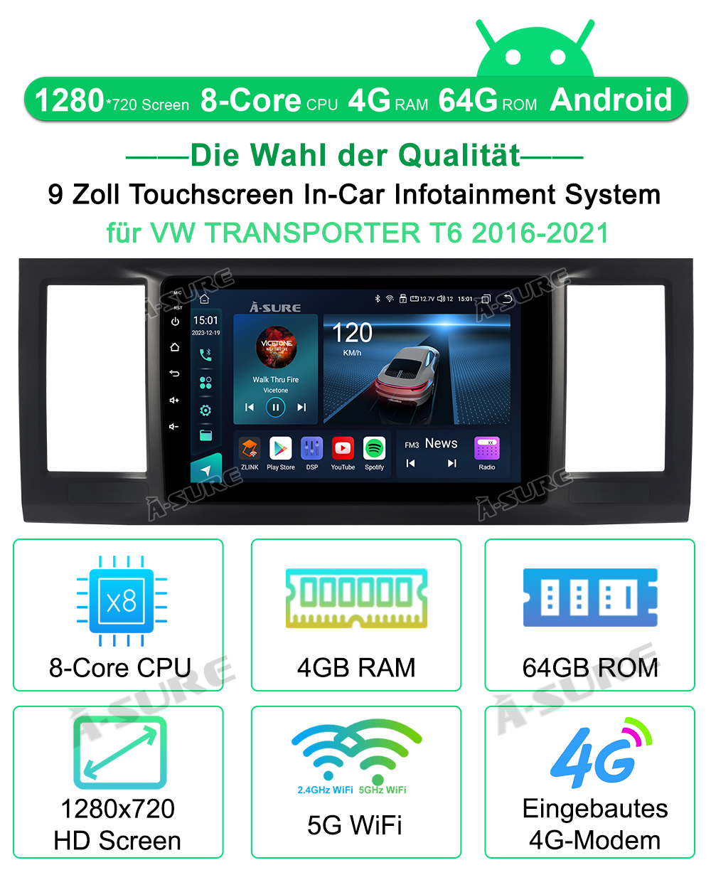 A-Sure GPS 9 Zoll Autoradio VW T6 Transporter 4+64GB