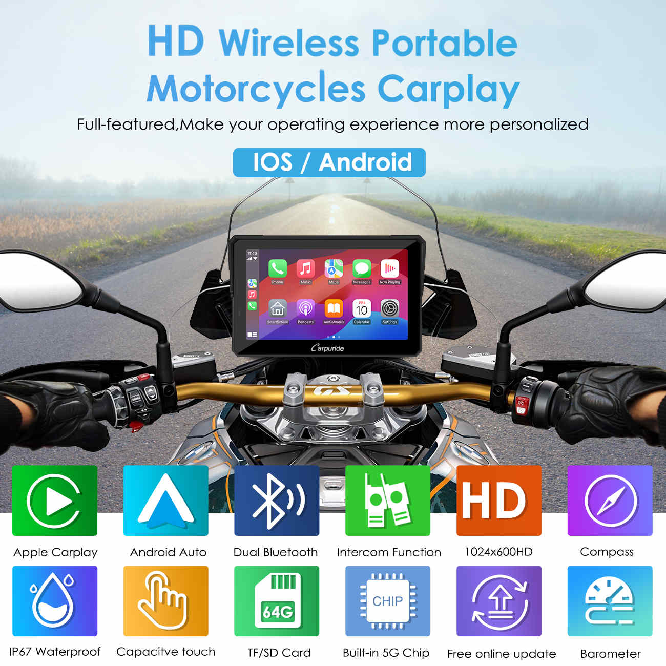 Carpuride W702B Pro Motorrad Display 7 Zoll IP67