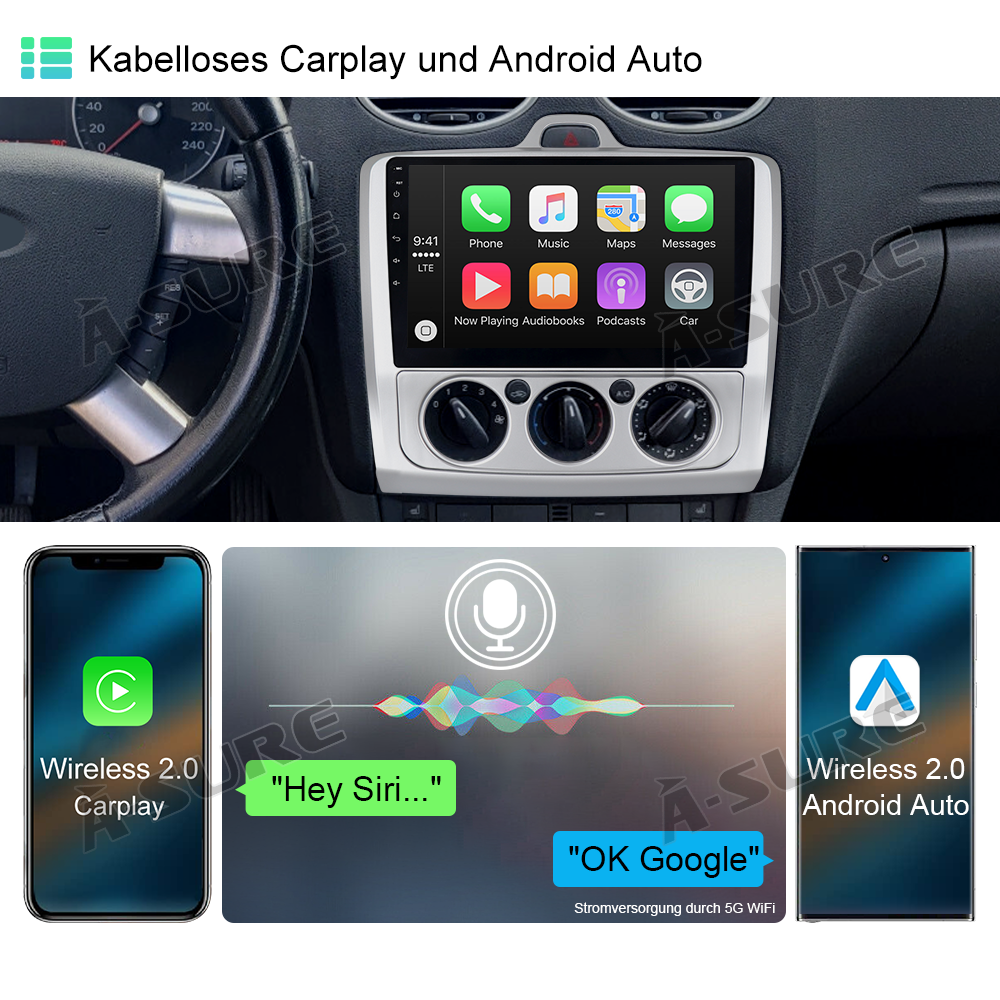 A-Sure GPS car radios Ford Focus MK2 Autoradio 9 Zoll CarPlay 4+64GB