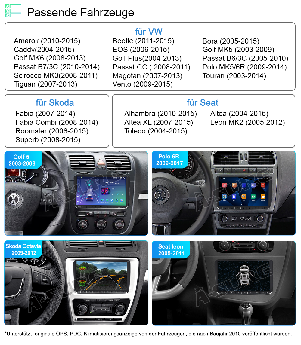 A-Sure GPS 9 Zoll Autoradio für VW Golf 5 6 Tiguan 32GB