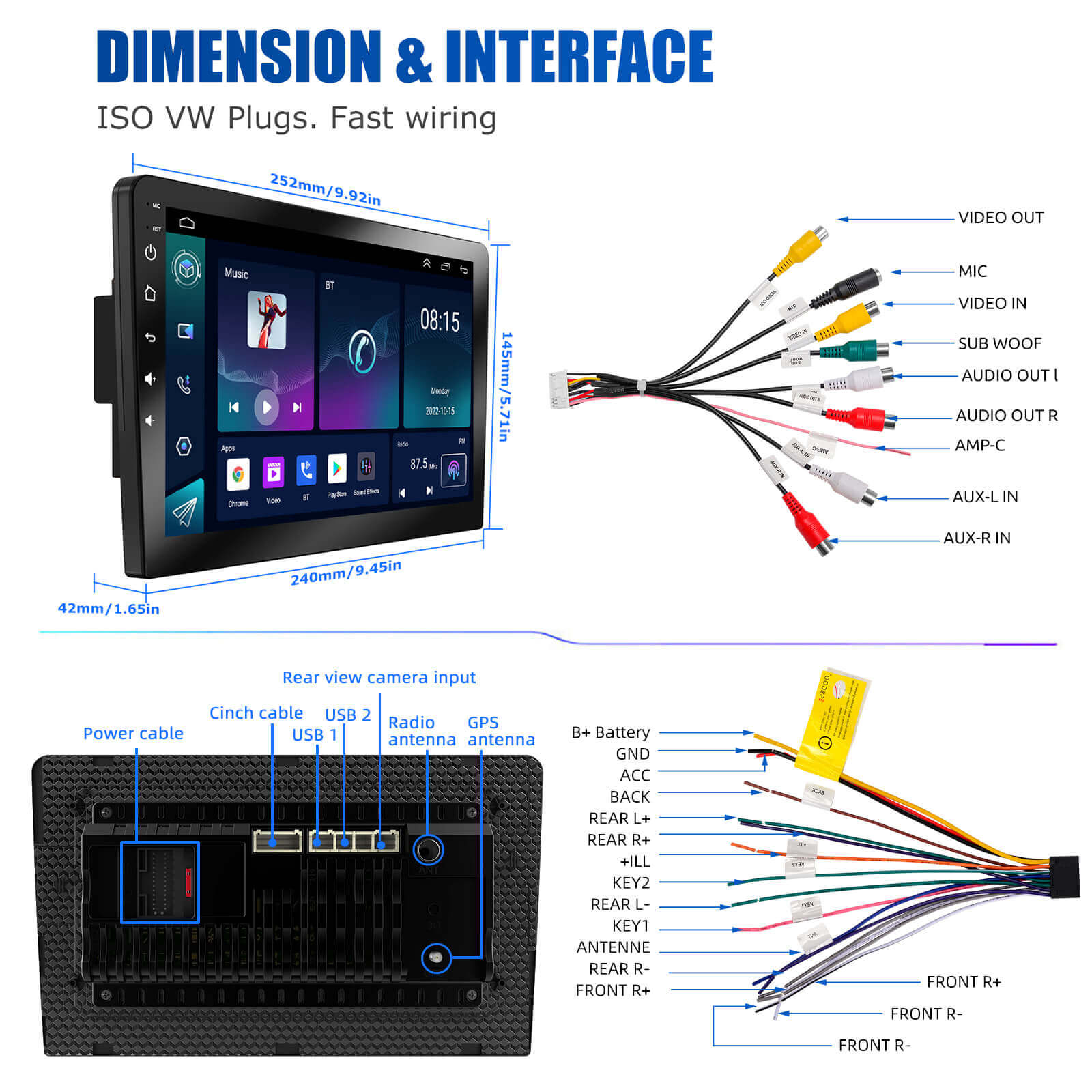 ESSGOO Car Stereo AR1001 MP5 Autoradio 10 Zoll Android 15 IPS