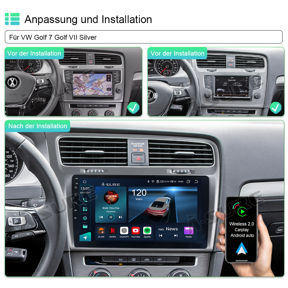 A-Sure Golf 7 10 Zoll Autoradio 4GB+64GB Android 13 CarPlay