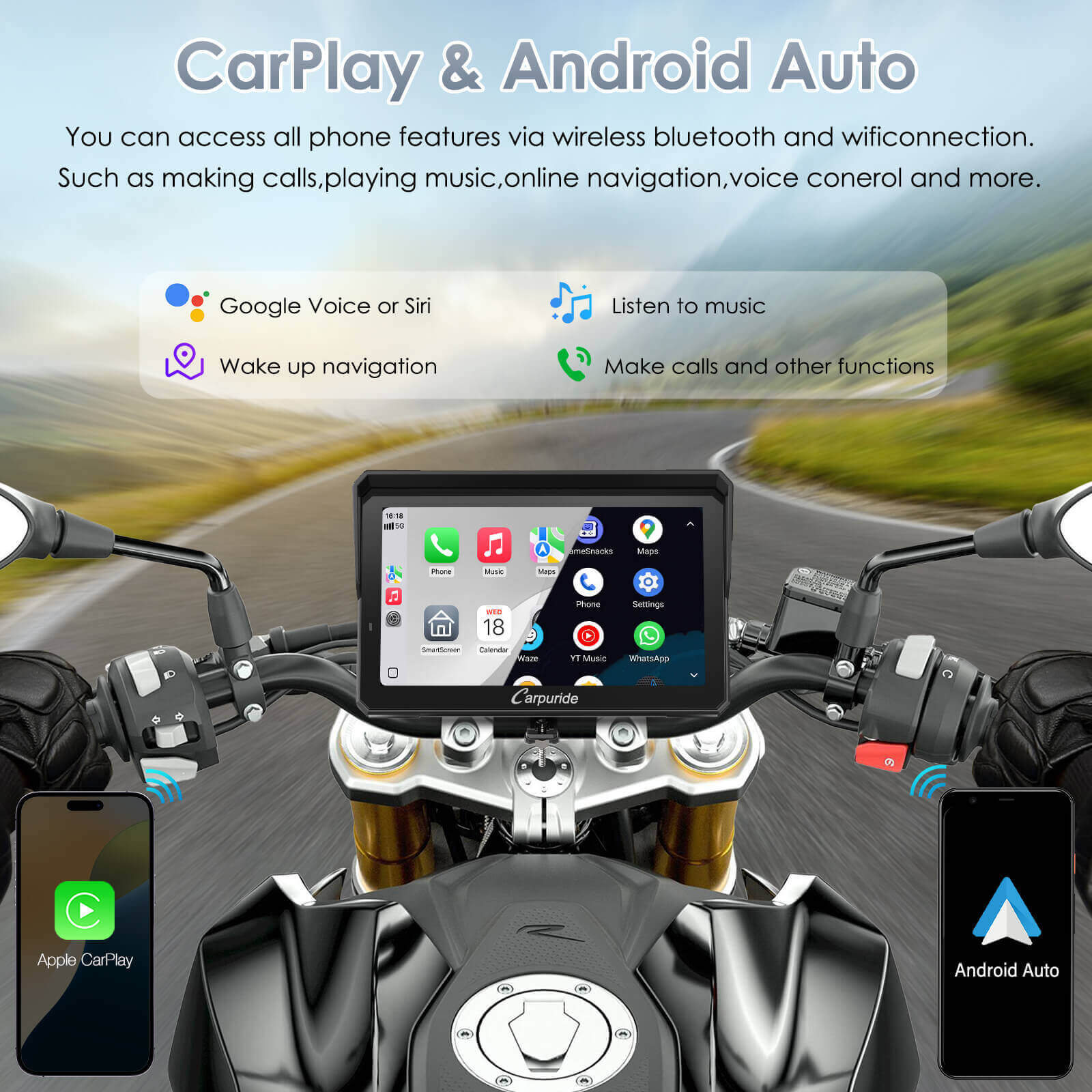 Carpuride 702RS Pro 7 Zoll Motorrad CarPlay-Display mit Radar BSD