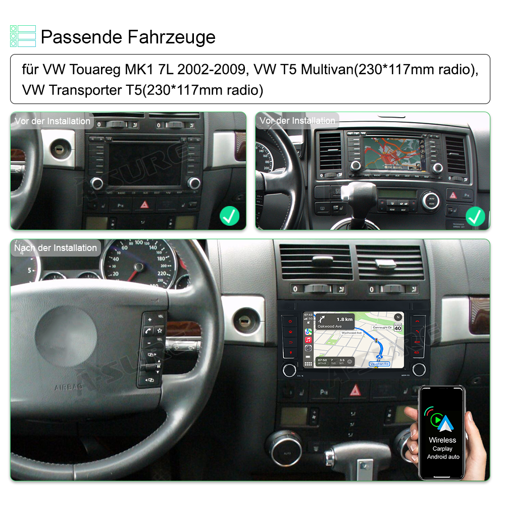 A-Sure VW T5 Autoradio 2 DIN 2+32GB Carplay Navi