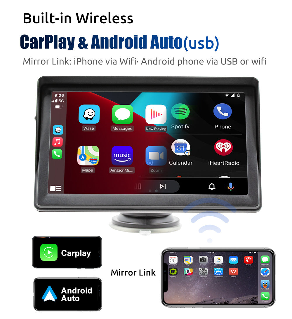 ESSGOO Portable CarPlay CarPlay-Display 7 Zoll kabellos Bluetooth FM