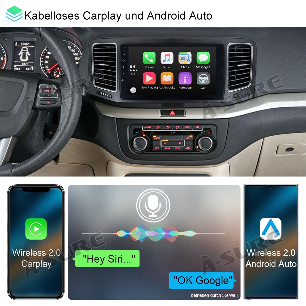 A-Sure Autoradio für VW Sharan II Alhambra 2+32GB CarPlay