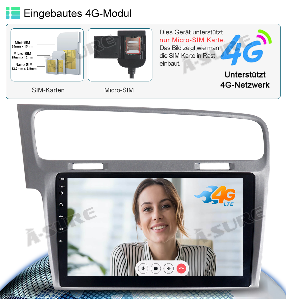 A-Sure Golf 7 10 Zoll Autoradio 4GB+64GB Android 13 CarPlay
