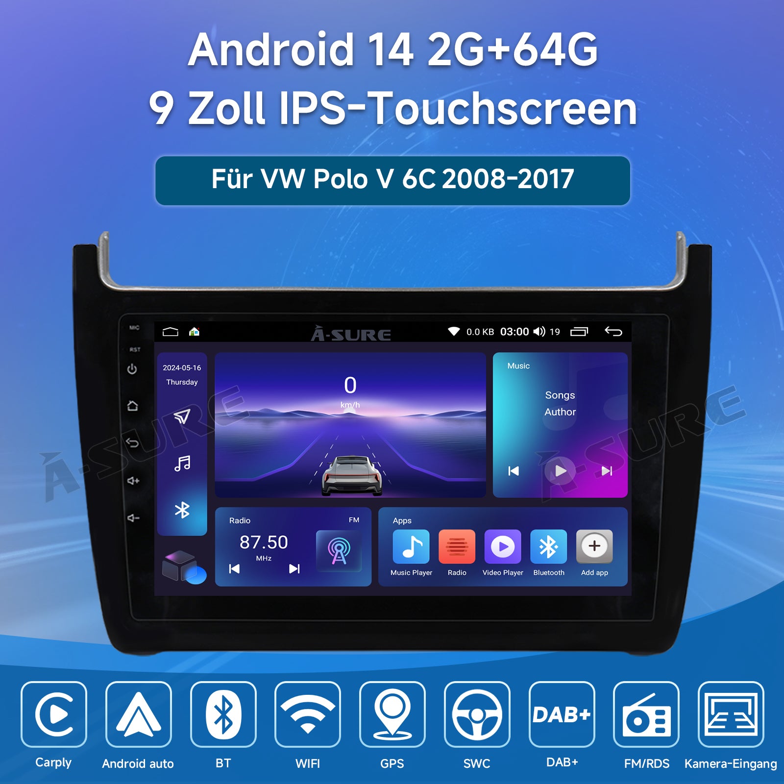 A-Sure GPS Autoradio für VW Polo V 6C 9 Zoll 2+64GB CarPlay