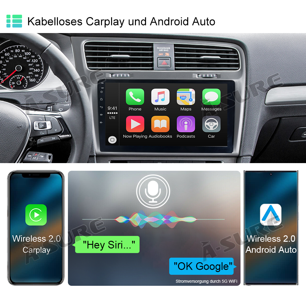 A-Sure GPS Autoradio VW Golf 7 10,1 Zoll Android 13 Schwarz