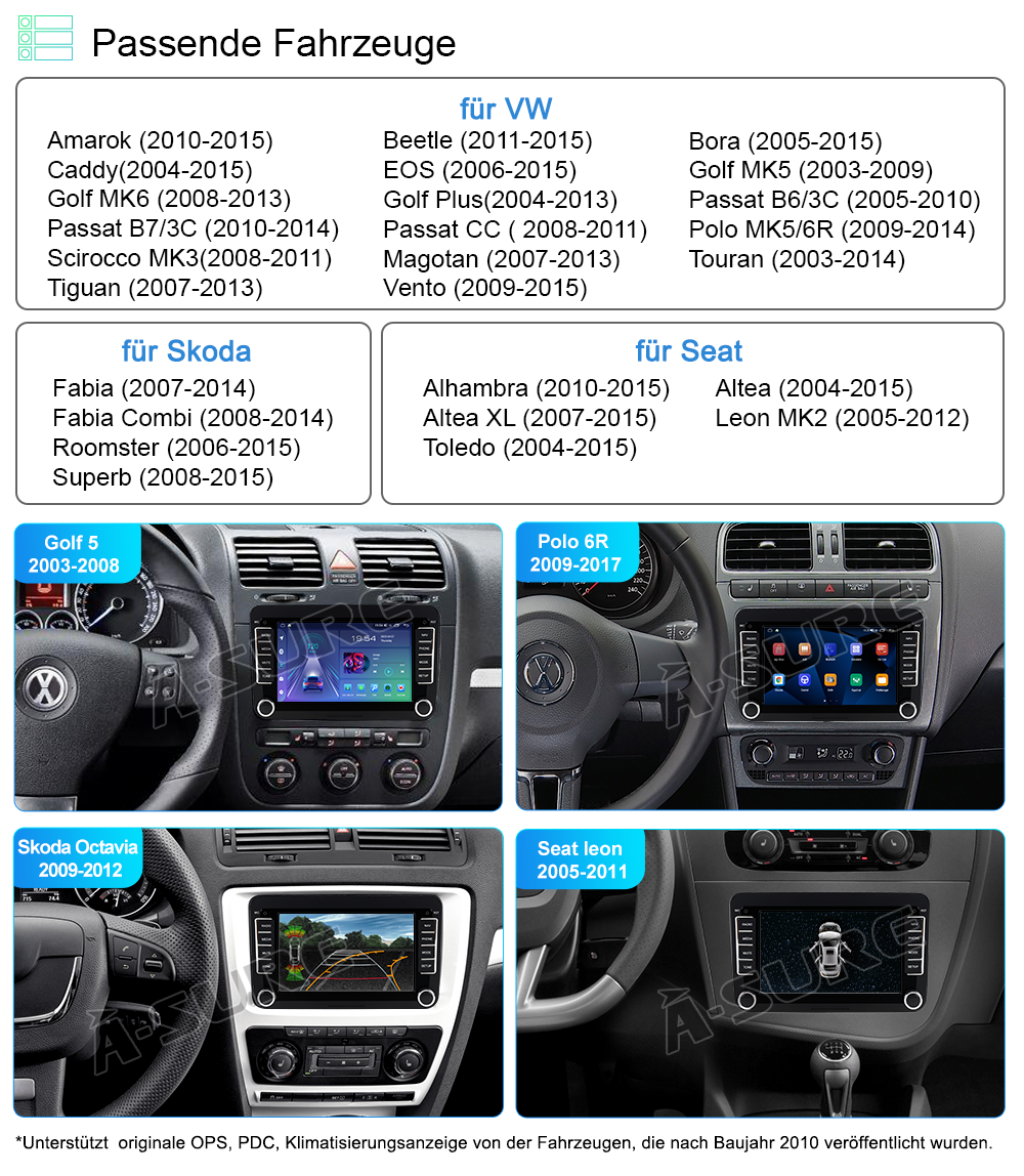 A-Sure GPS Autoradio Android 12 DAB+ für VW Golf 5 6