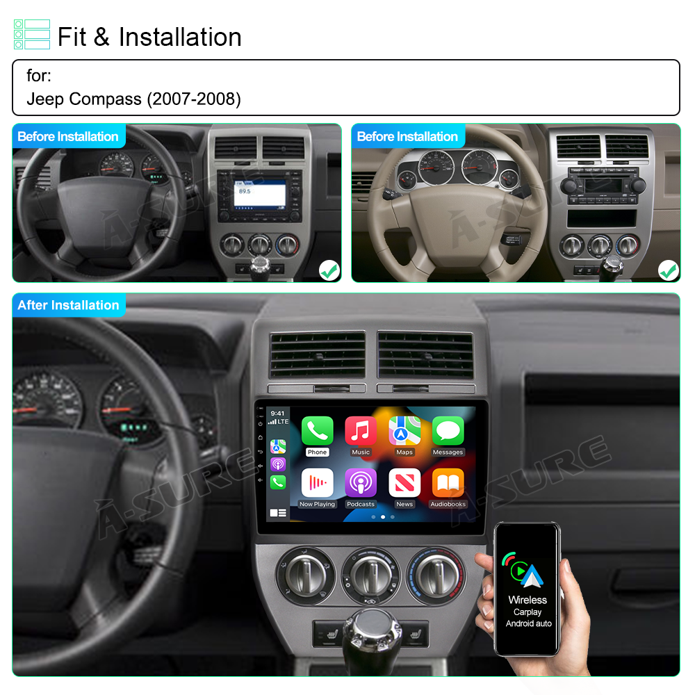 A-Sure GPS Autoradio Jeep Compass 10,1 Zoll 2+32GB CarPlay