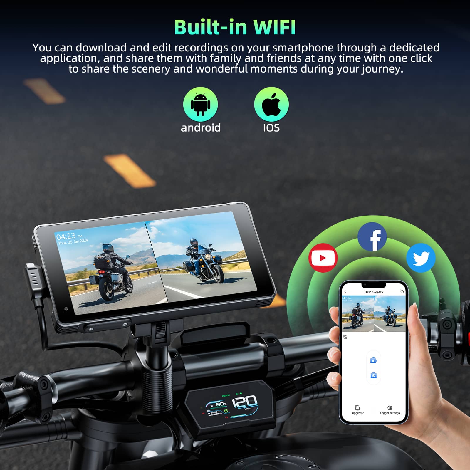 LAMTTO RC12 5,5" CarPlay-Display Motorrad mit 2K+1080P Dashcam