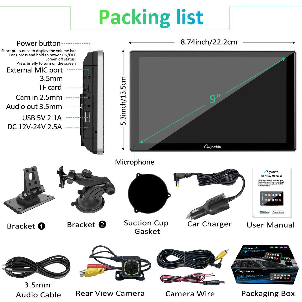 Carpuride 9 Zoll Auto Display CarPlay mit Kamera