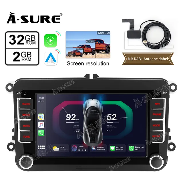 A-Sure GPS Autoradio 7 Zoll DAB+ Navi VW Golf Passat 2+32GB