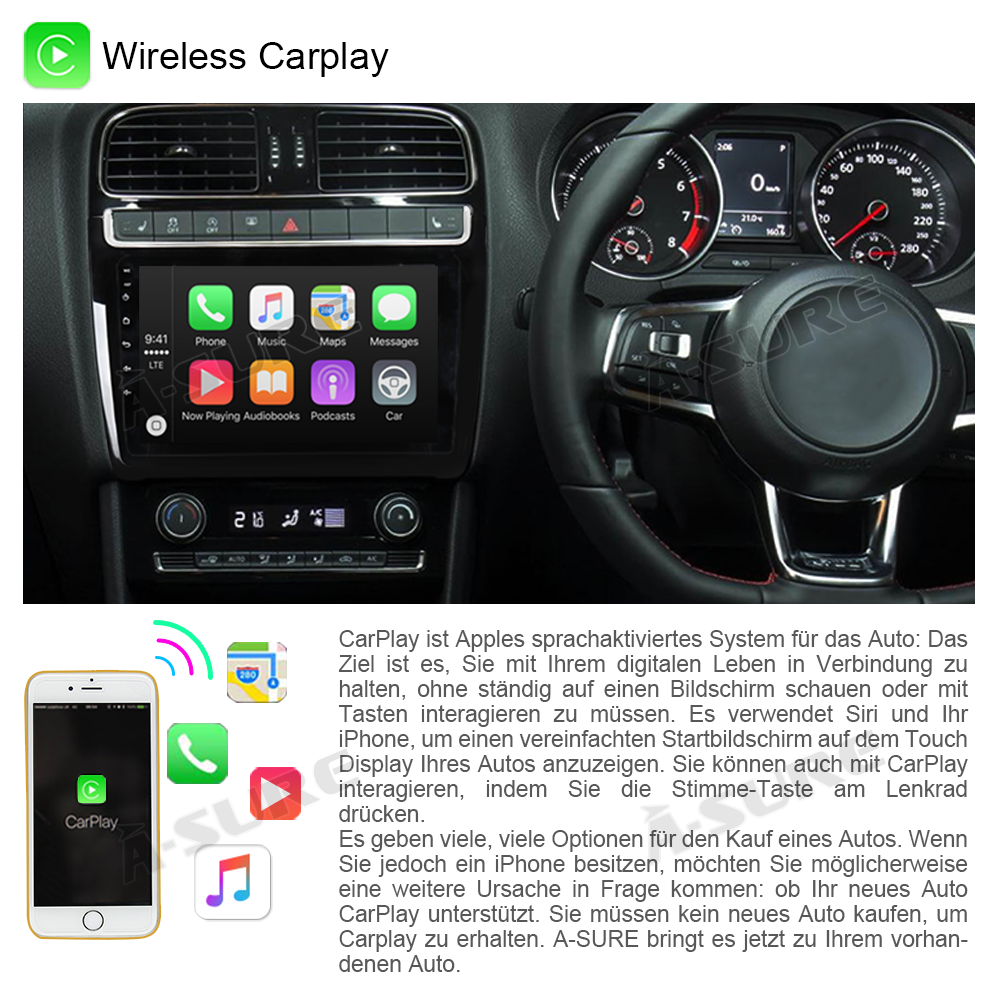 A-Sure GPS Autoradio 9 Zoll 32GB für VW Polo V 6C