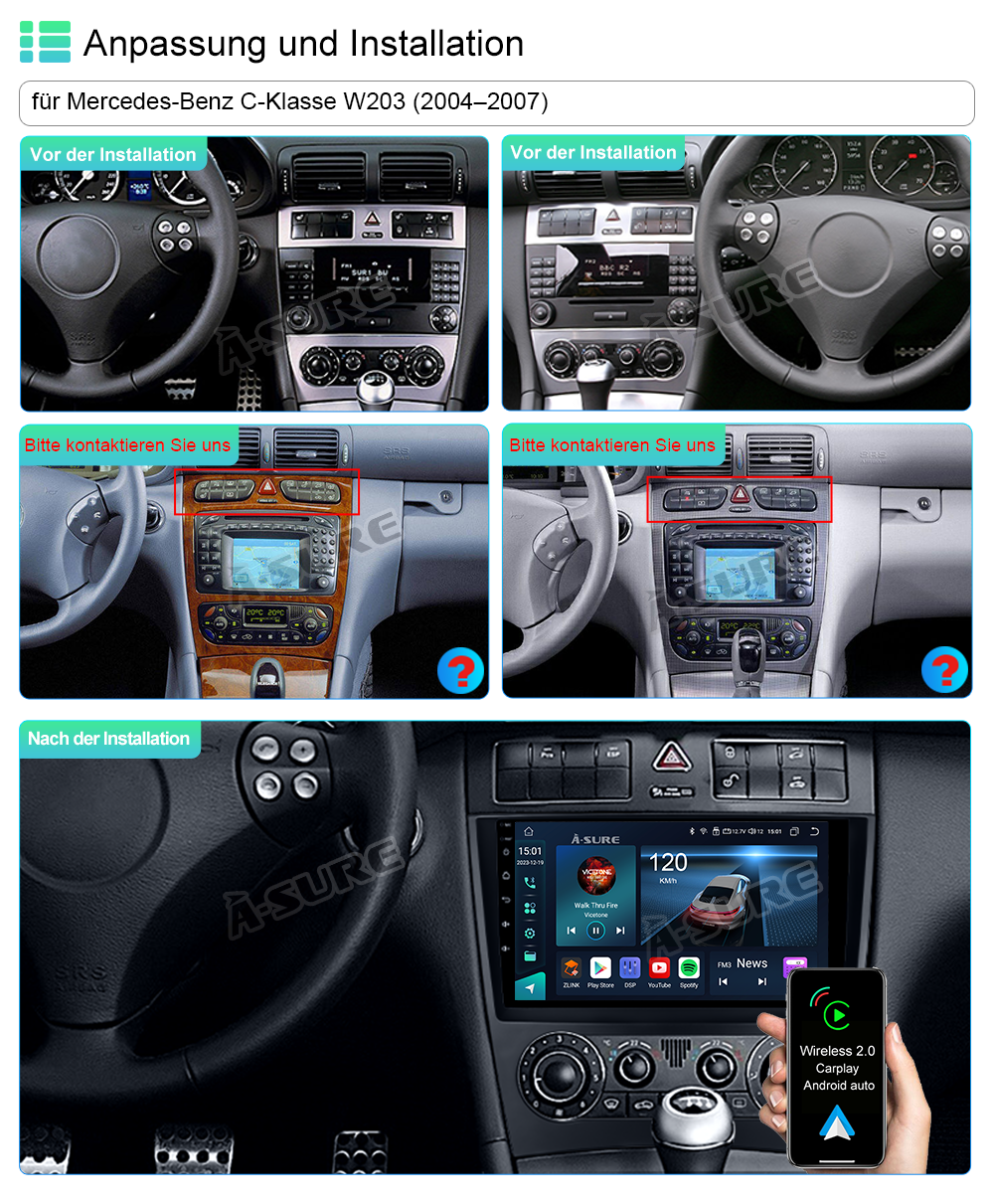 A-Sure Mercedes W203 Autoradio 9 Zoll 4+64GB CarPlay
