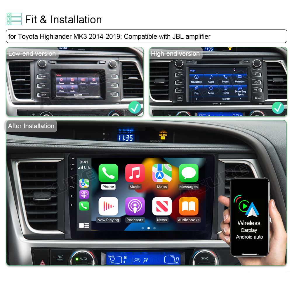 A-Sure Toyota Highlander Autoradio 10 Zoll Android 11 JBL Wireless CarPlay