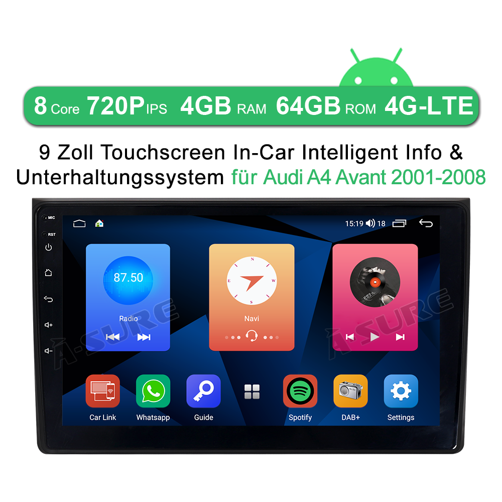 A-Sure GPS Autoradio 9 Zoll Android 10 Audi A4 4+64GB 4G
