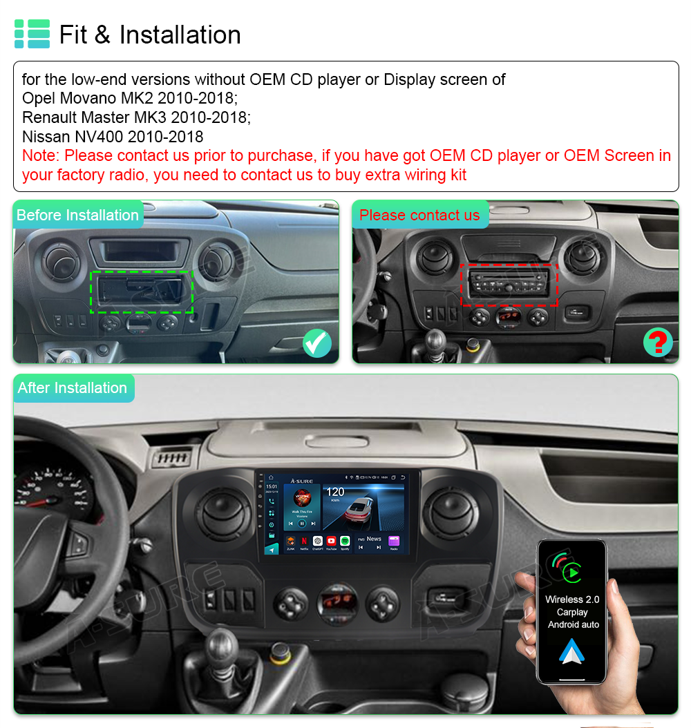 A-Sure GPS Autoradio 9 Zoll Movano Master NV400 Android 4+64GB