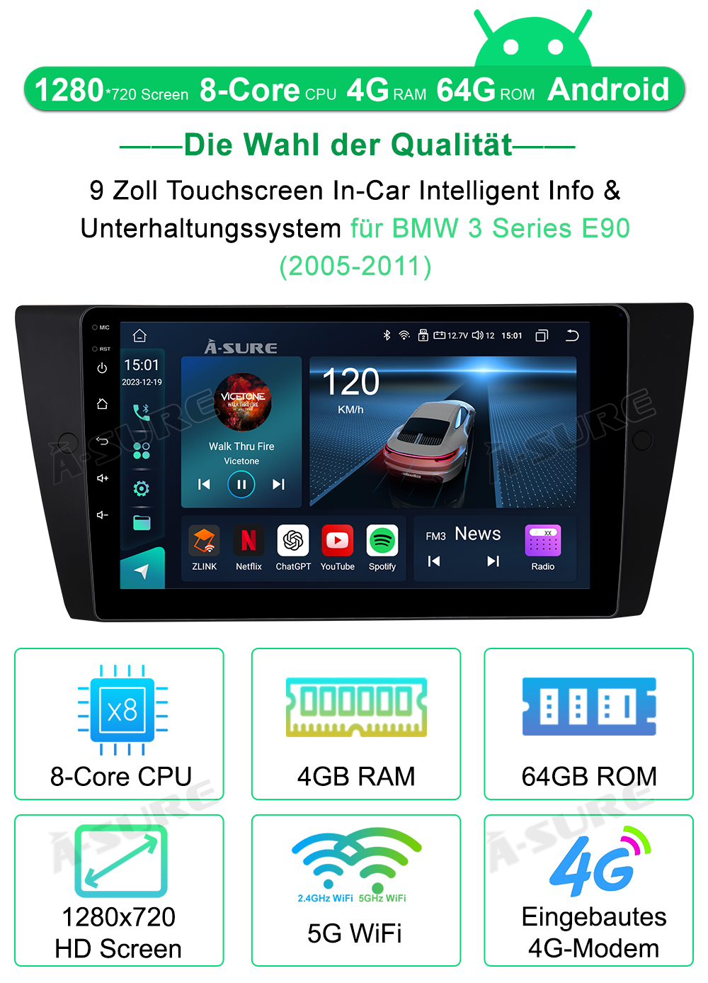 A-Sure BMW E90 Autoradio 4+64GB 8-Kern CarPlay