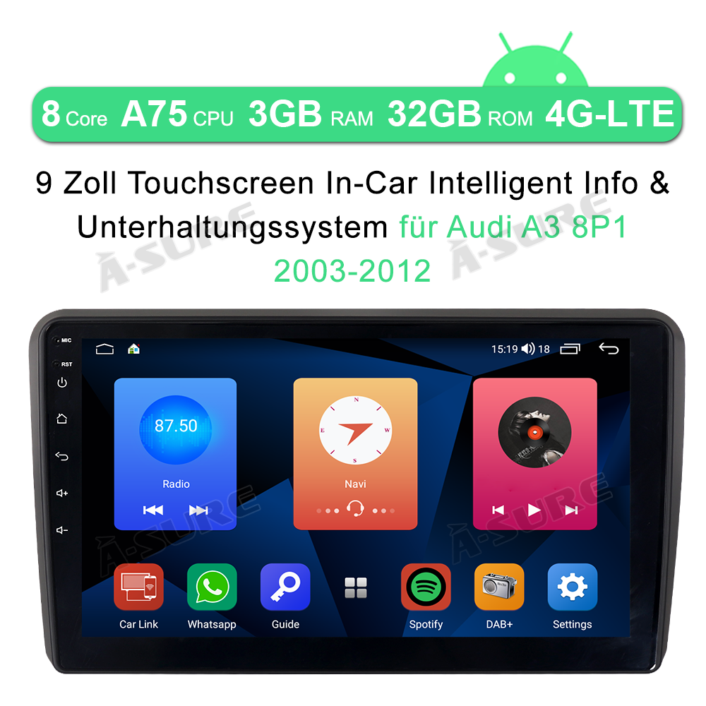 A-Sure GPS car radios 9 Zoll Autoradio 3+32GB Audi A3