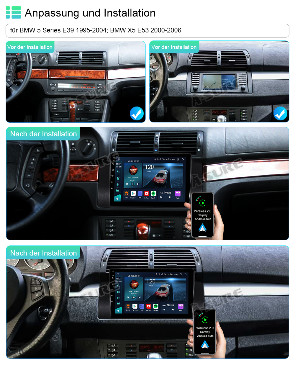 A-Sure GPS Autoradio BMW E39 E53 4+64GB CarPlay