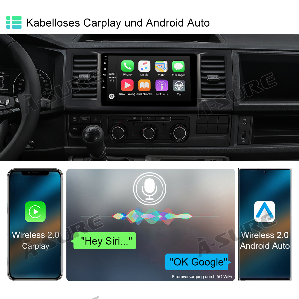 A-Sure GPS 9 Zoll Autoradio VW T6 Transporter 4+64GB