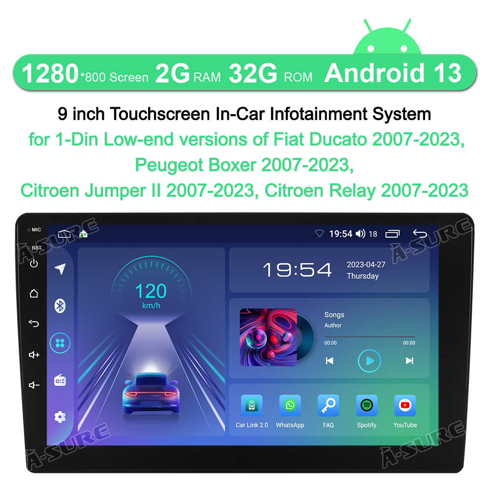 A-Sure GPS Autoradio Fiat Ducato 1-DIN CarPlay 2+32GB 9 Zoll