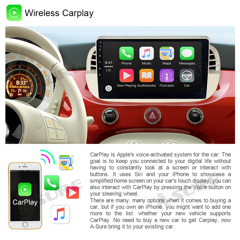 A-Sure GPS 9 Zoll Android Autoradio Fiat 500 500C Weiß 2+32GB