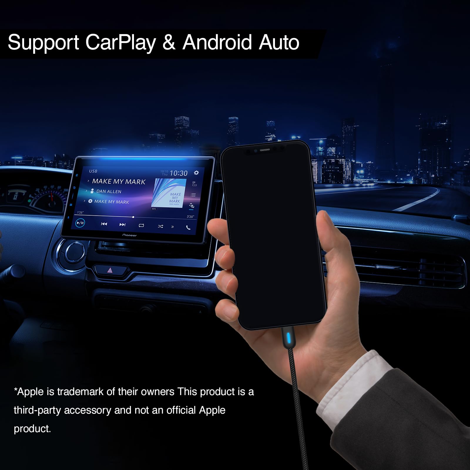 Pioneer CD-U5310AC USB-A Kabel 1m Nylon CarPlay 15W