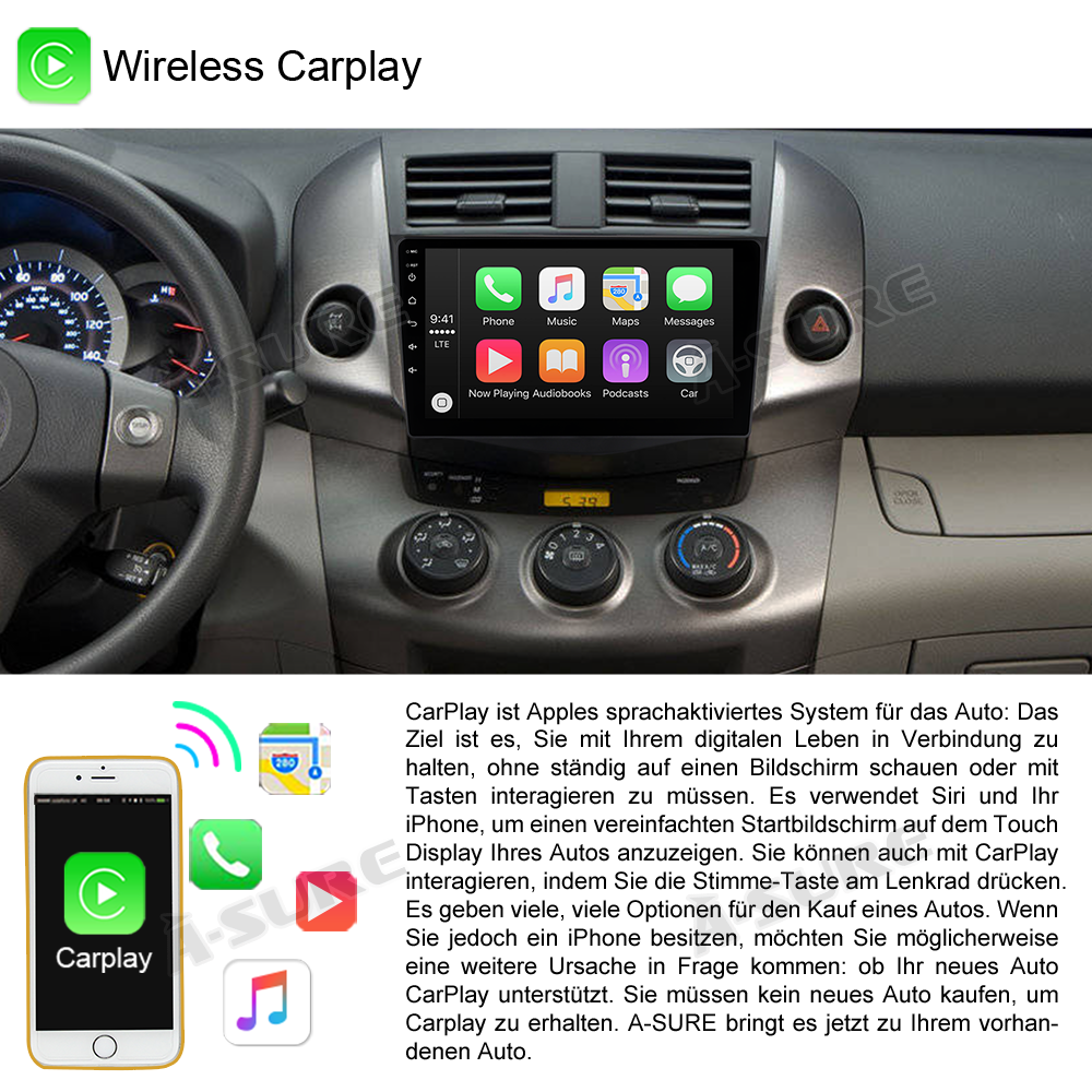 A-Sure GPS Autoradio Toyota RAV4 9-Zoll 32GB CarPlay