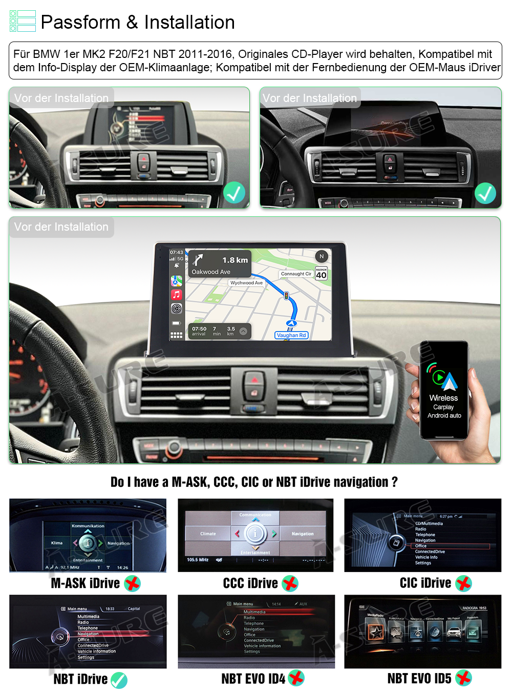 A-Sure GPS Autoradio BMW F20 F21 NBT 9 Zoll 2+32GB Android 12