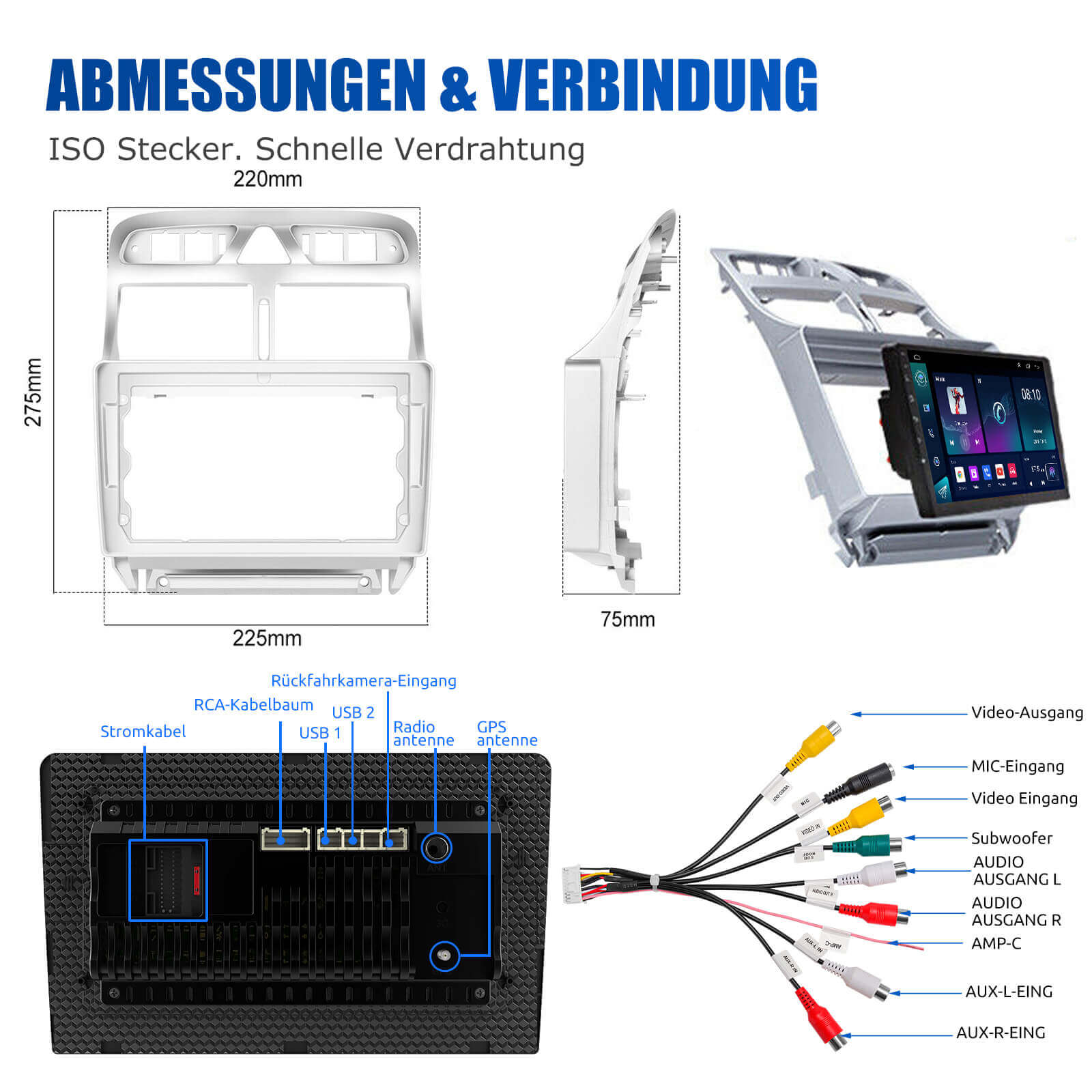 ESSGOO Car Stereo Peugeot Autoradio 9 Zoll Standard Display