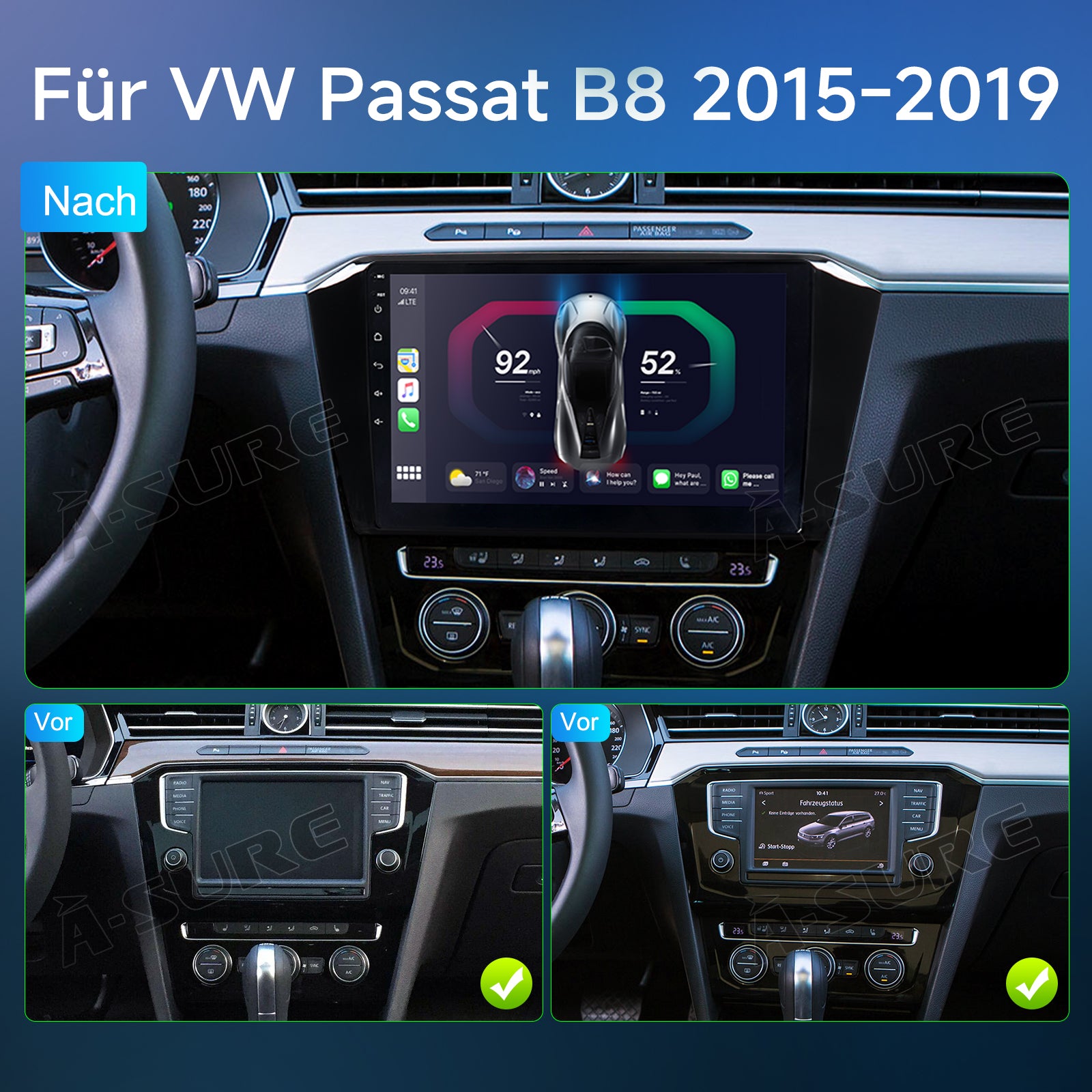 A-Sure GPS 10,1 Zoll Autoradio Passat B8 2+64GB CarPlay