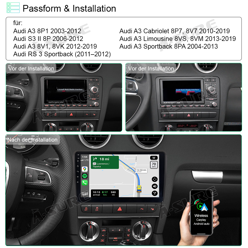 A-Sure GPS car radios Autoradio für Audi A3 S3 RS3 9 Zoll 3+32GB