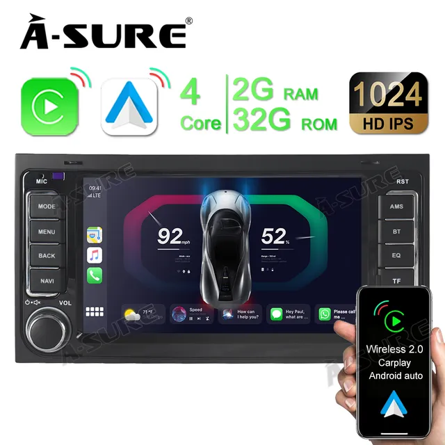 A-Sure GPS Autoradio für VW T5 7-Zoll 32GB CarPlay