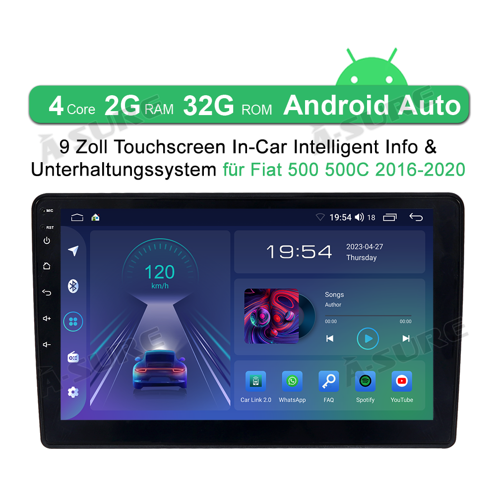 A-Sure GPS car radios Fiat 500 Autoradio 9 Zoll 2+32GB