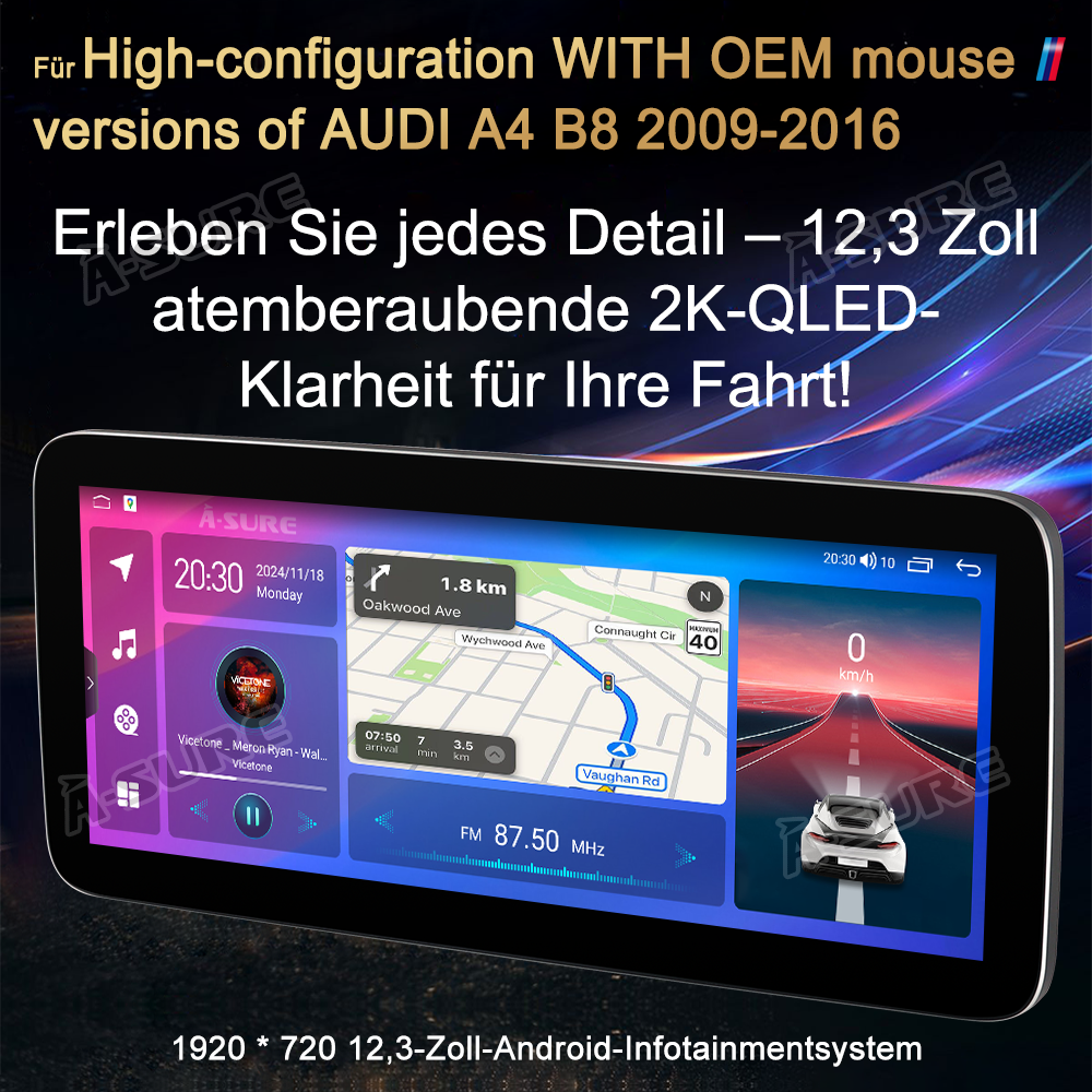 A-Sure GPS Autoradio 12,3 Zoll 4+64GB für Audi A4 B8